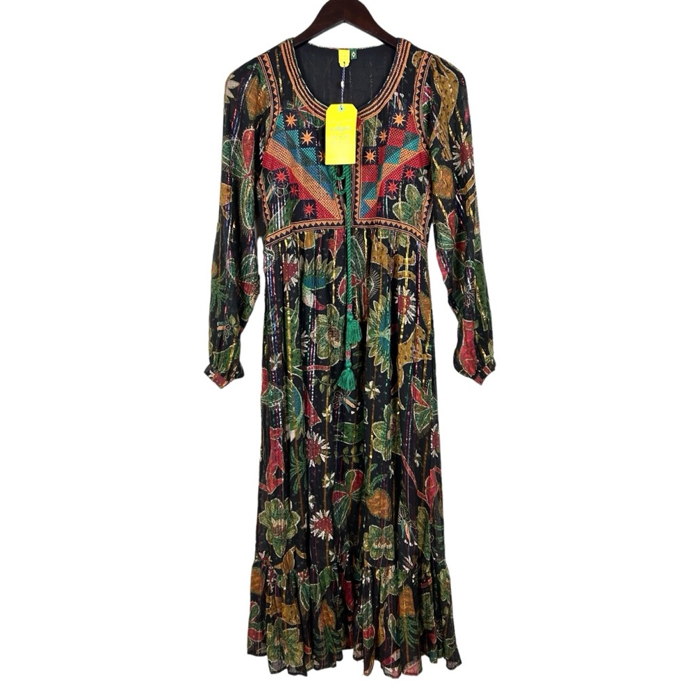 Farm Rio Embroidered Metallic Midi Dress P Small New Floral Tropical Print